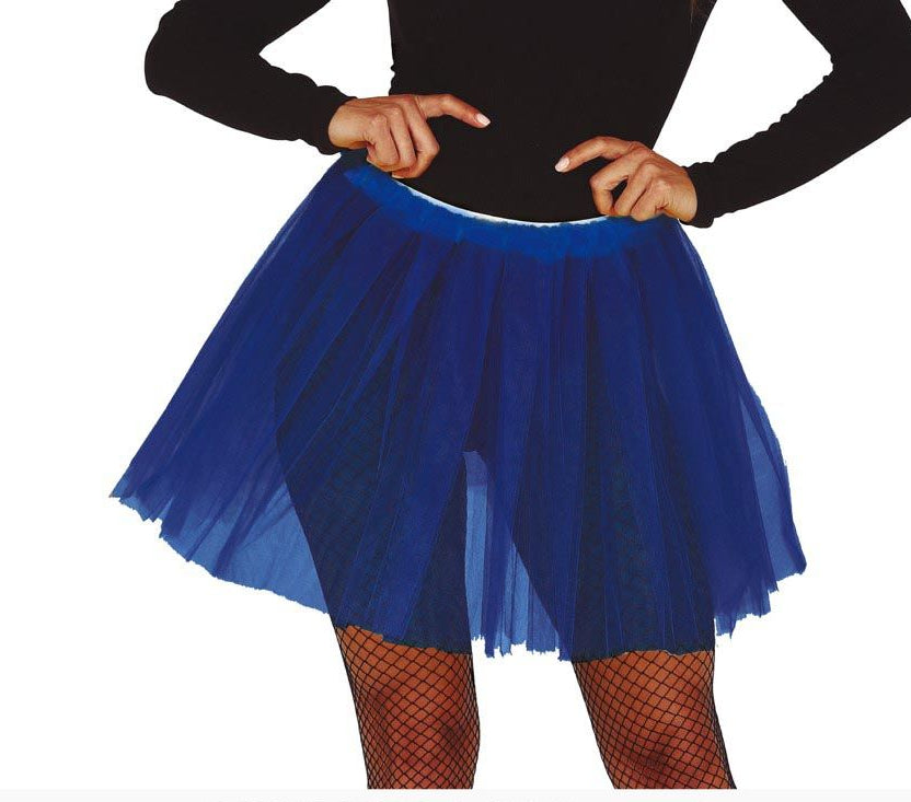 A person wearing a voluminous royal blue tulle tutu skirt with a white waistband, paired with a black long-sleeve top and fishnet stockings, shown against a plain white background.