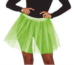 A model wearing a bright lime green tulle tutu skirt over black fishnet tights, holding the waistband of the skirt. The background is solid white.