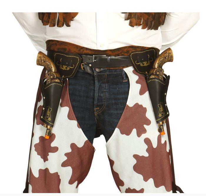 Cowboy outfit with chaps, boots, and belt with gun holsters on a white background.