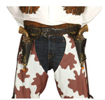 Cowboy outfit with chaps, boots, and belt with gun holsters on a white background.