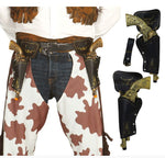 Cowboy outfit with holstered revolvers and a belt on a white background