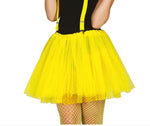A bright yellow tulle tutu skirt with matching yellow suspenders, shown on a model from the back against a white background.