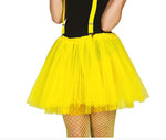 A bright yellow tulle tutu skirt with matching yellow suspenders, shown on a model from the back against a white background.