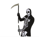 A person wearing a Grim Reaper Halloween costume, including a black hooded bodysuit with white skeleton print, holding a large prop scythe, on a plain white background.