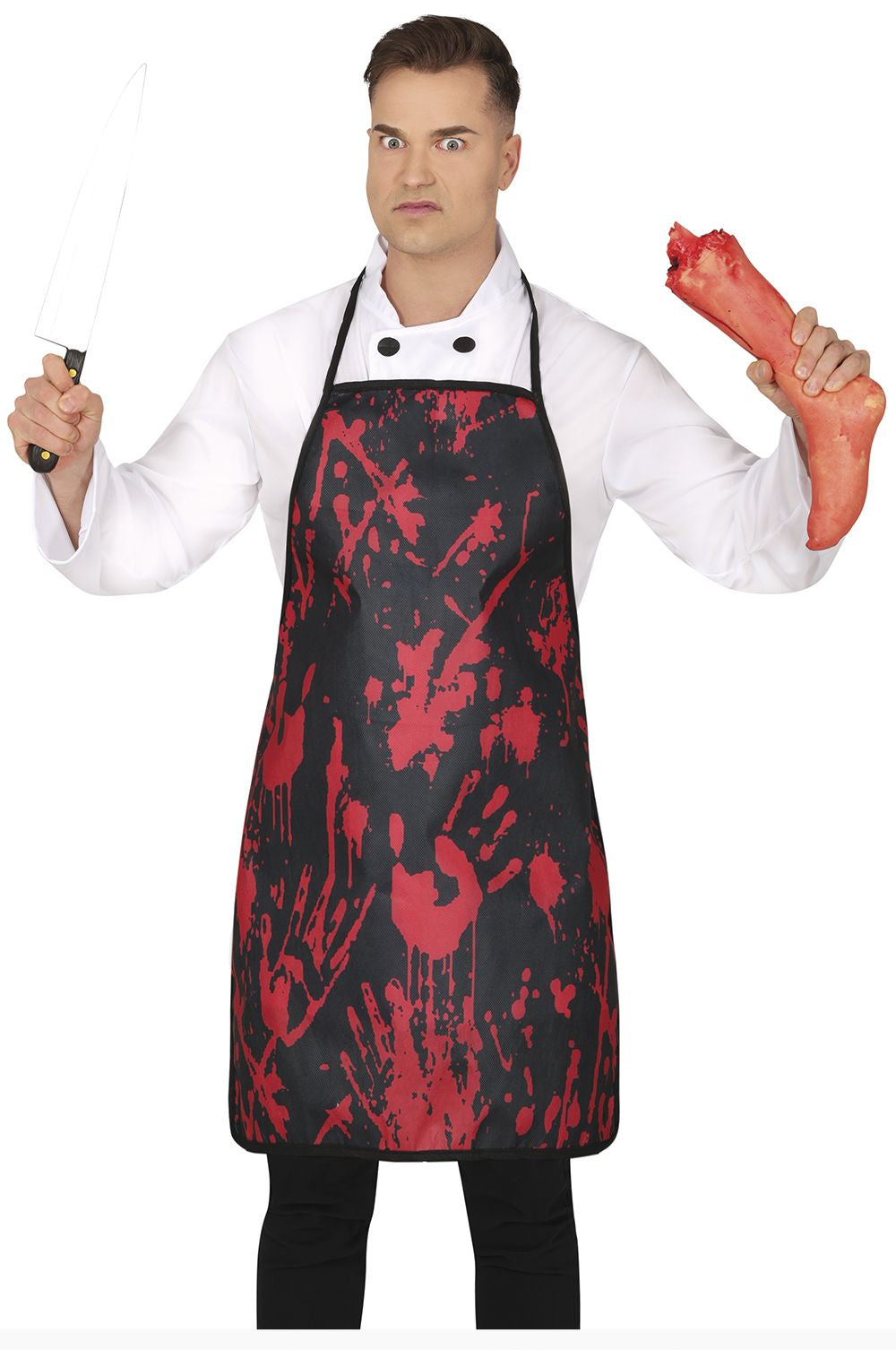 Person wearing a black apron with red blood splatter design, holding a knife and a meat product.