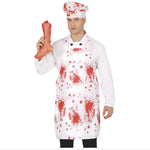 Person wearing a bloody apron and hat holding a meat product on a white background