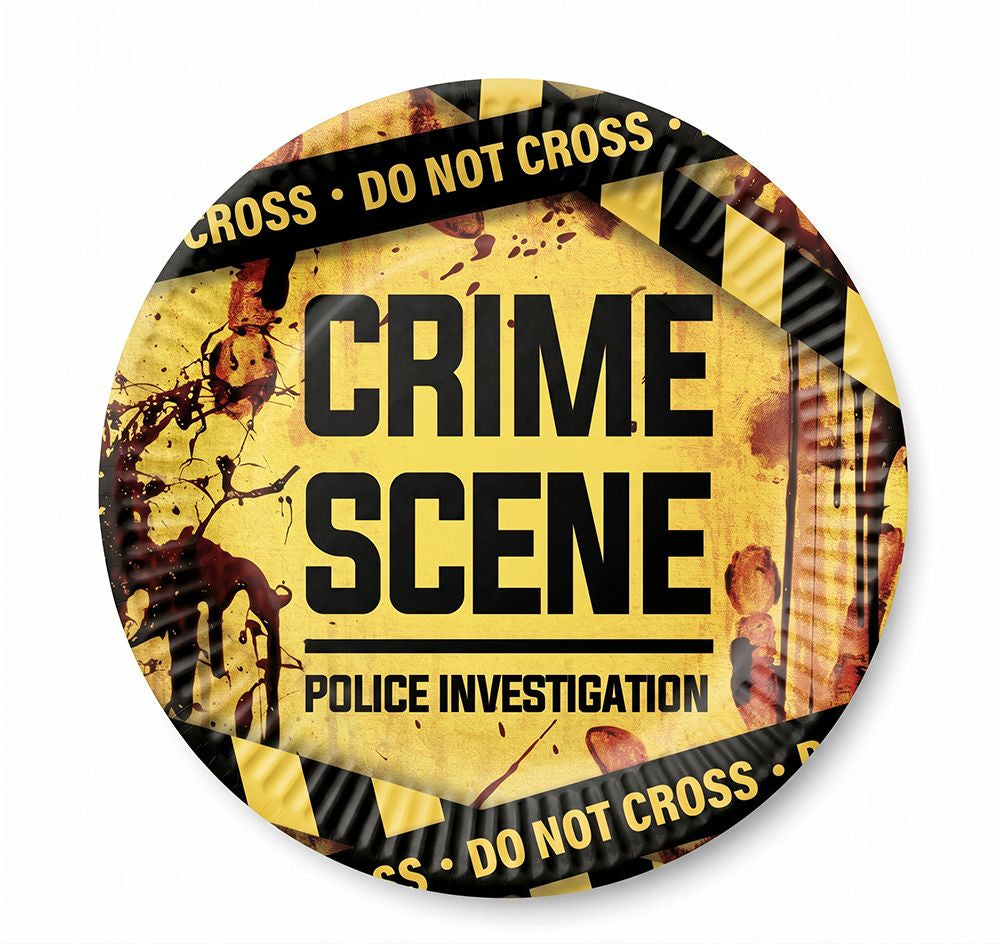 A round novelty plate or sign featuring a 'CRIME SCENE' graphic with 'POLICE INVESTIGATION' text, yellow caution tape reading 'DO NOT CROSS,' and a distressed splatter background. A small copyright line at the bottom reads 'FIESTAS GUIRCA s.