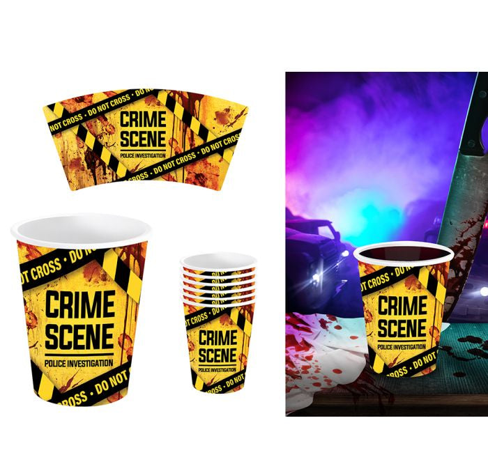 Crime scene themed paper cups and cup sleeves with a yellow and black police tape design, shown on a white background with a purple-lit themed scene on the right.