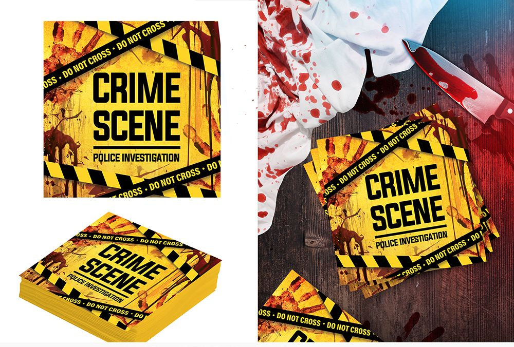 A set of 'Crime Scene: Police Investigation' foam cards by Fiestas Guirca, featuring a yellow and black caution-tape design with a bloody crime scene illustration. The image shows both the product stack and individual cards, as well as a themed prop scene on a dark wooden table with blood splatters and a knife.