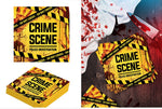 A set of 'Crime Scene: Police Investigation' foam cards by Fiestas Guirca, featuring a yellow and black caution-tape design with a bloody crime scene illustration. The image shows both the product stack and individual cards, as well as a themed prop scene on a dark wooden table with blood splatters and a knife.