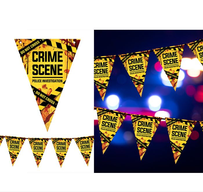 Crime scene themed party bunting banner flags with yellow and black caution tape design, featuring 'CRIME SCENE' and 'POLICE INVESTIGATION' text, shown both as individual pennants and hanging in a string against a dark background with colorful bokeh lights.