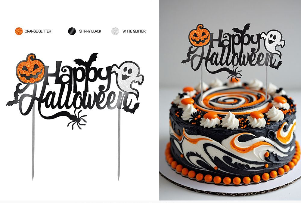 Halloween cake topper set shown in two views: a flat product view with orange glitter, shiny black, and white glitter lettering and spooky graphics, and a decorated round cake with matching topper in use. 