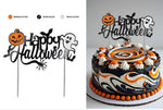 Halloween cake topper set shown in two views: a flat product view with orange glitter, shiny black, and white glitter lettering and spooky graphics, and a decorated round cake with matching topper in use. 