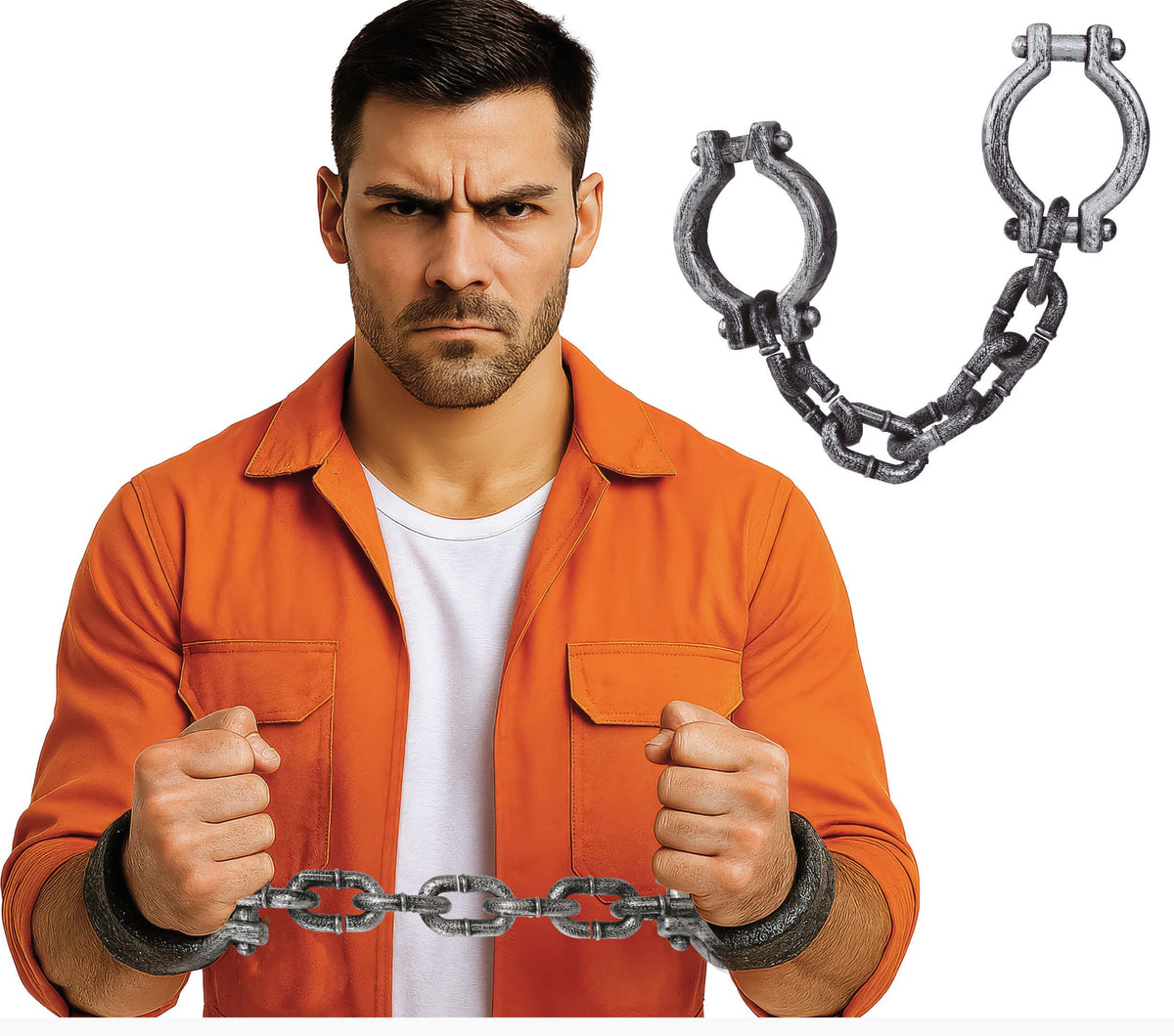 Man in an orange jumpsuit with shackles on a white background