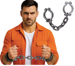 Man in an orange jumpsuit with shackles on a white background