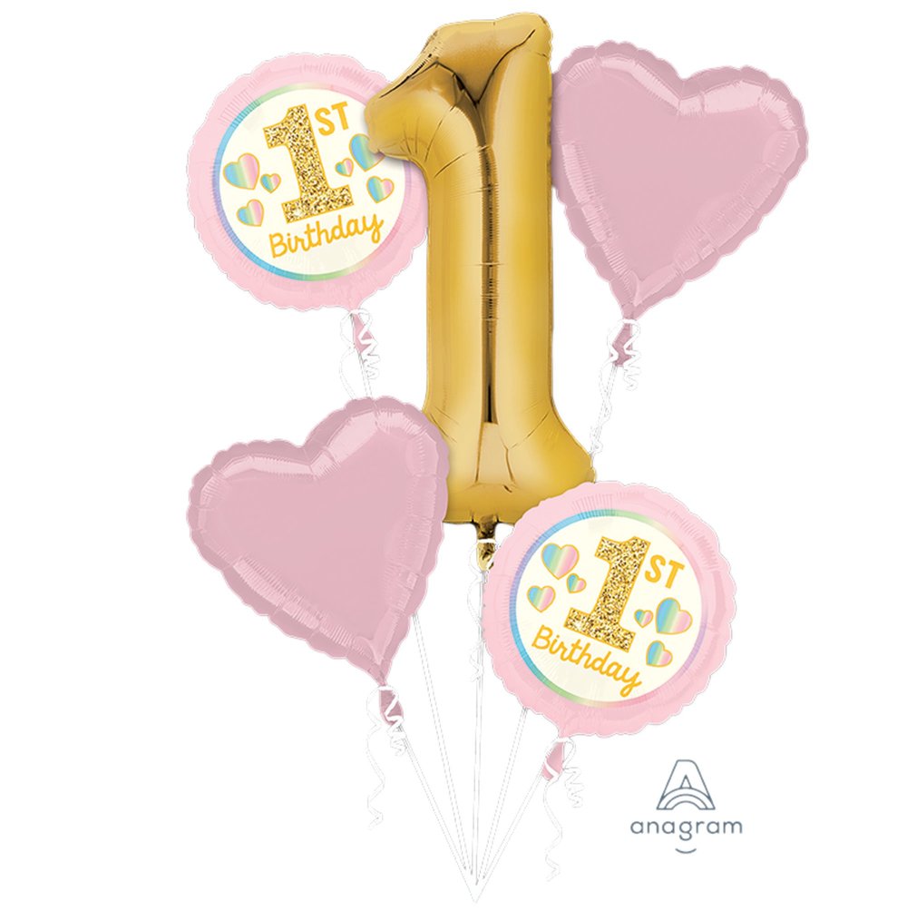 Pretty Pink & Gold 1st Birthday Foil Balloon Bouquet - 5pcs