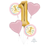 Pretty Pink & Gold 1st Birthday Foil Balloon Bouquet - 5pcs