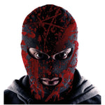Person wearing a red and black balaclava with a white background