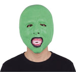 A person wearing a green screaming mask with visible mouth and eye cutouts, photographed against a plain white background.
