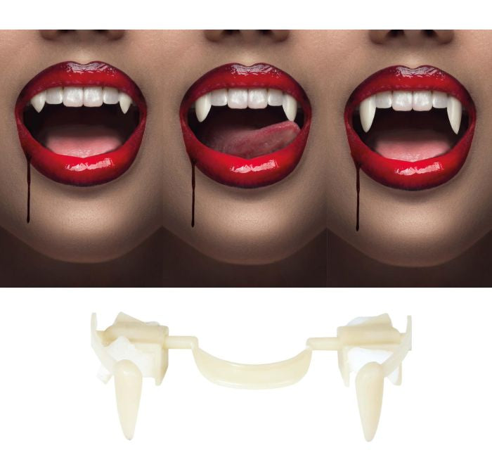 Three close-up views of a person's mouth wearing vampire fangs with bright red lipstick and dripping black liquid, above a separate set of cream-colored plastic vampire teeth on a white background. 