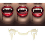 Three close-up views of a person's mouth wearing vampire fangs with bright red lipstick and dripping black liquid, above a separate set of cream-colored plastic vampire teeth on a white background. 