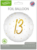 13th Birthday Elegant Sparkle White & Gold Holographic Balloon