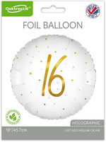 16th Birthday Elegant Sparkle White & Gold Holographic Balloon
