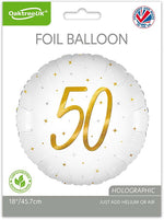 50th Birthday Elegant Sparkle White & Gold Holographic Balloon