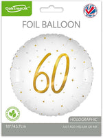 60th Birthday Elegant Sparkle White & Gold Holographic Balloon
