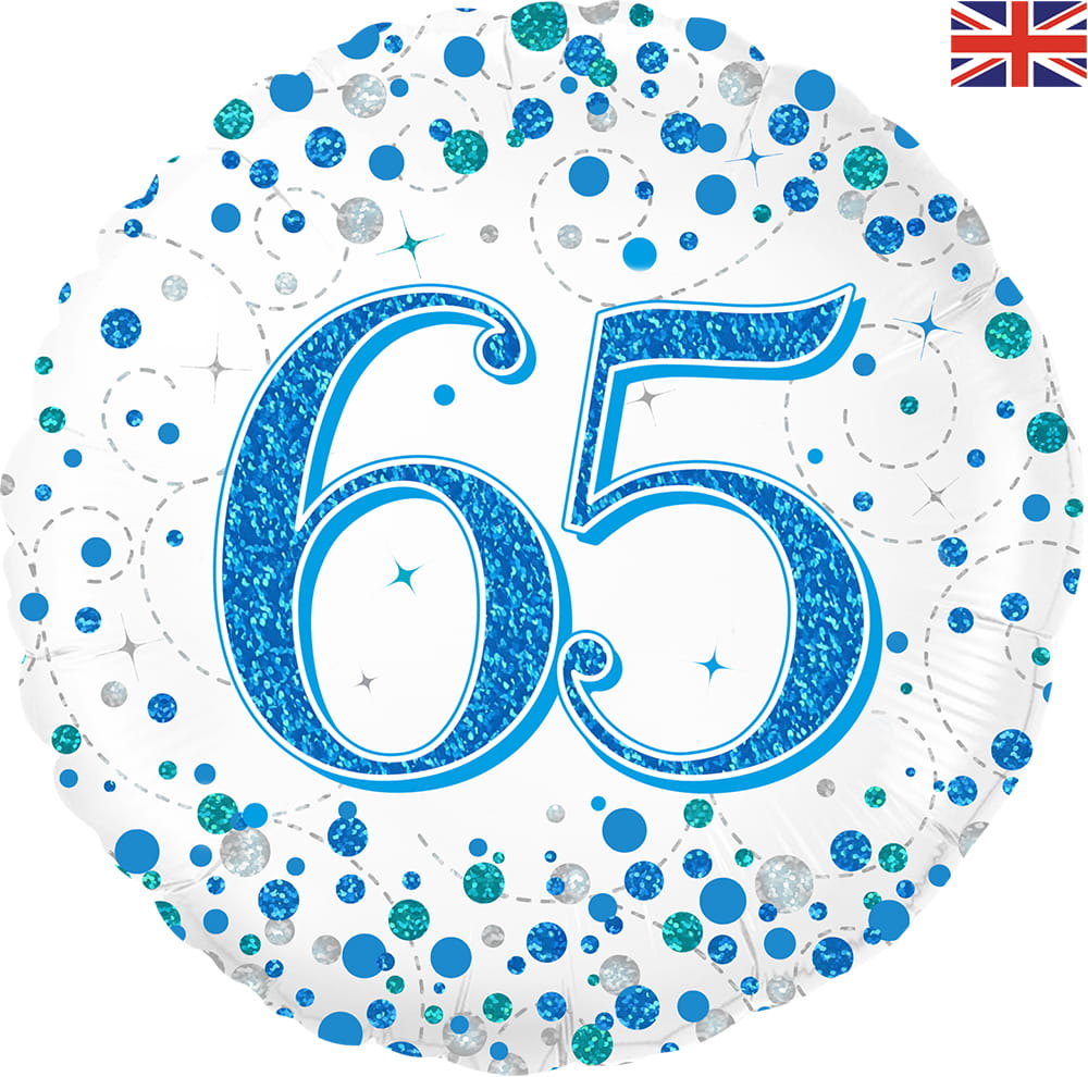 Happy 65th Birthday Blue Sparkling Fizz Holographic 18" Foil Balloon