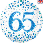 Happy 65th Birthday Blue Sparkling Fizz Holographic 18" Foil Balloon