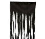A black hanging fabric curtain or door panel with irregularly shaped fringe-like strands, shown against a plain white background. 