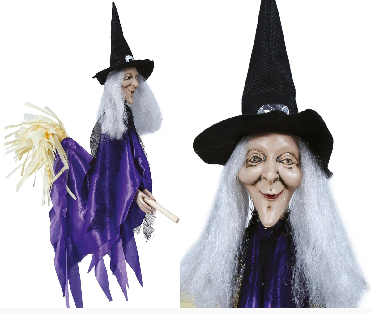Witch figurine with purple robe and black hat on a white background
