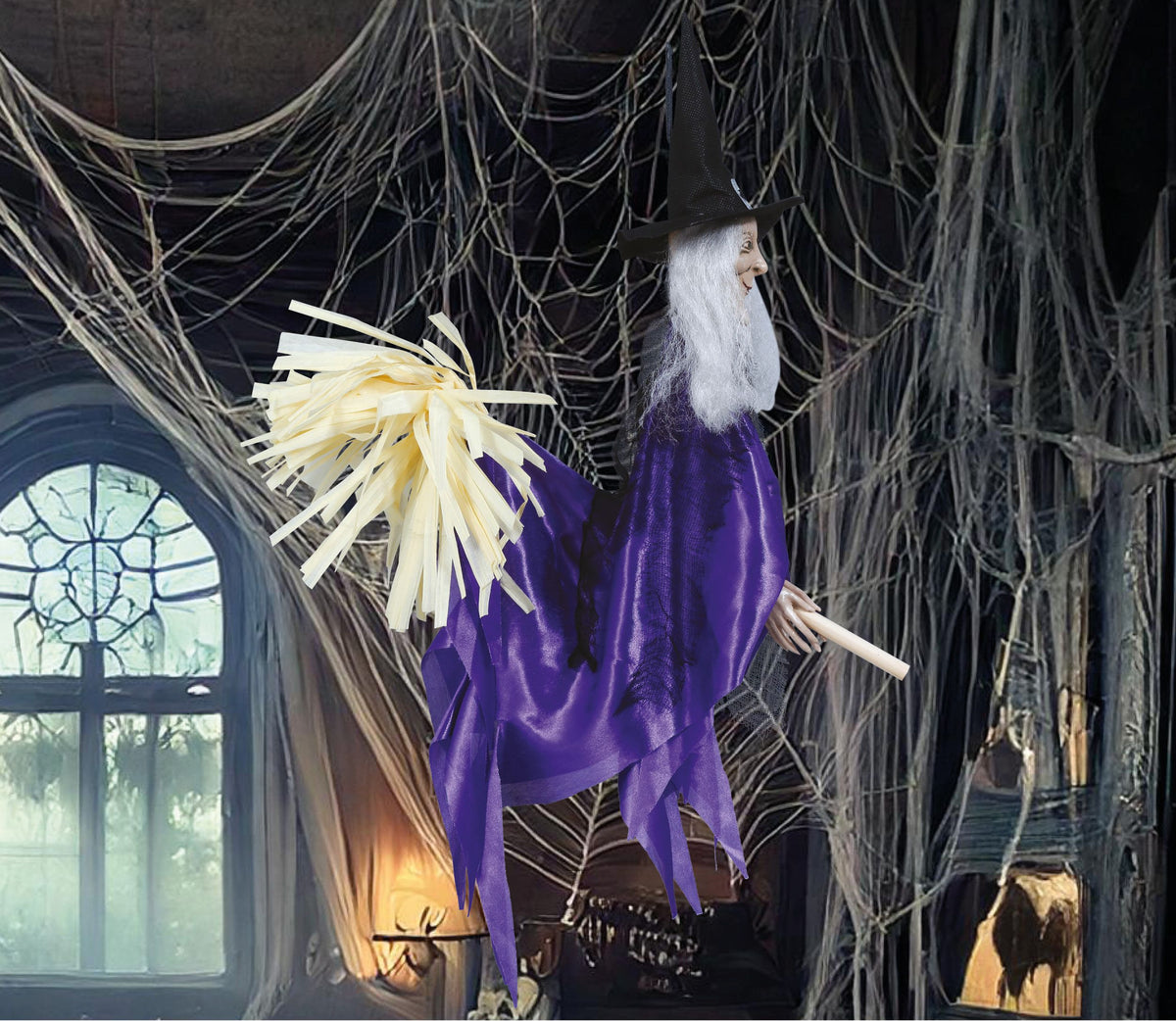 Hanging Witch with Broom Halloween Decoration - 50cm