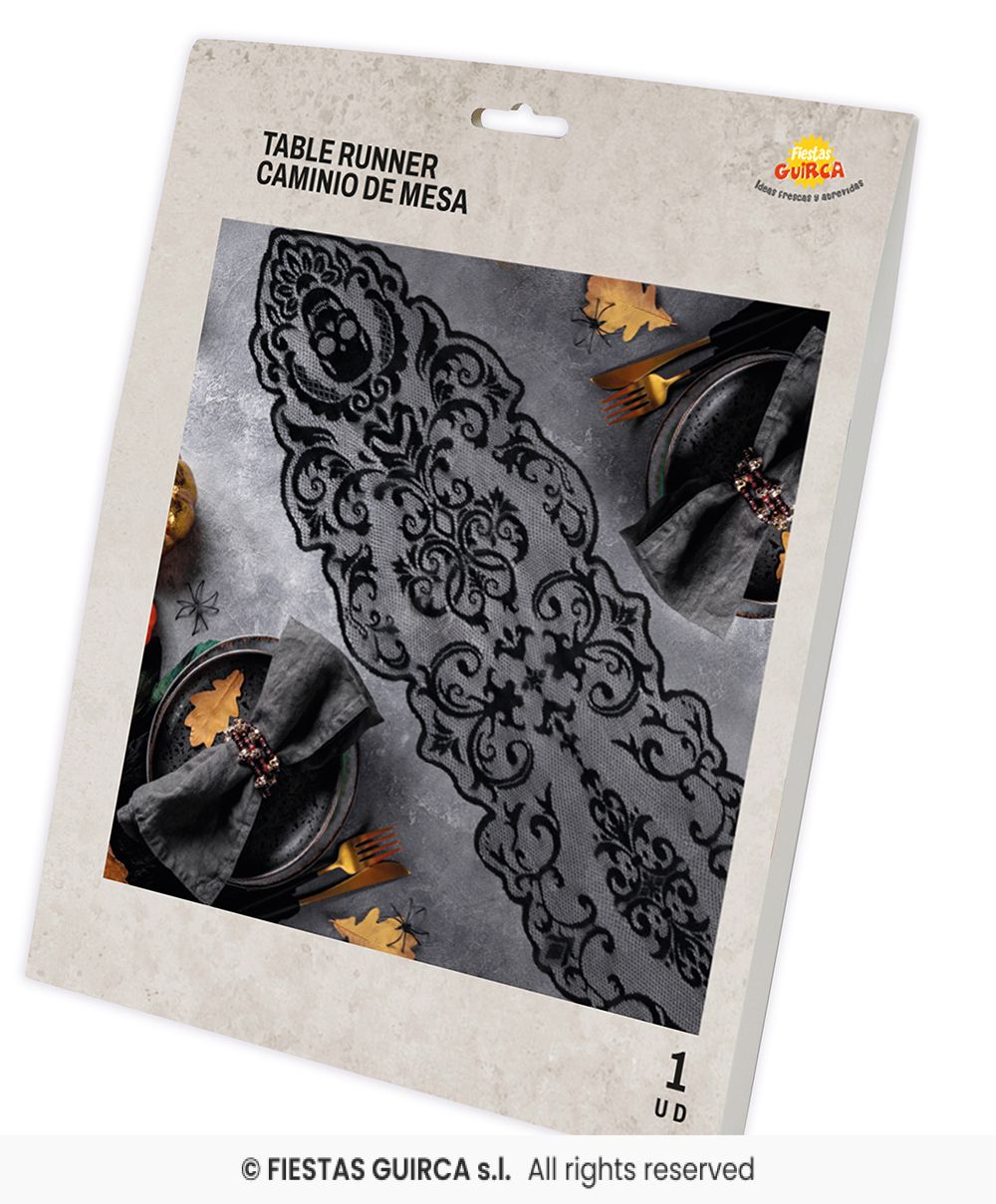 Black Lace Table Runner with Skulls - 180x35 cm