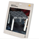 Packaged black lace tablecloth with a spiderweb pattern, shown on its original retail card against a white background.