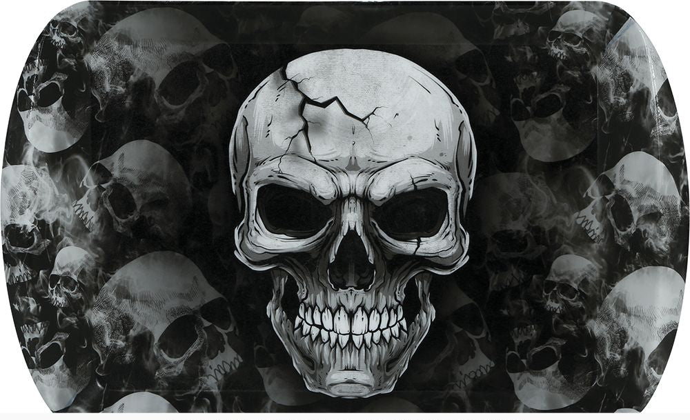 A black and white skull graphic centered on a background filled with faded skull patterns.