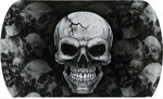 A black and white skull graphic centered on a background filled with faded skull patterns.