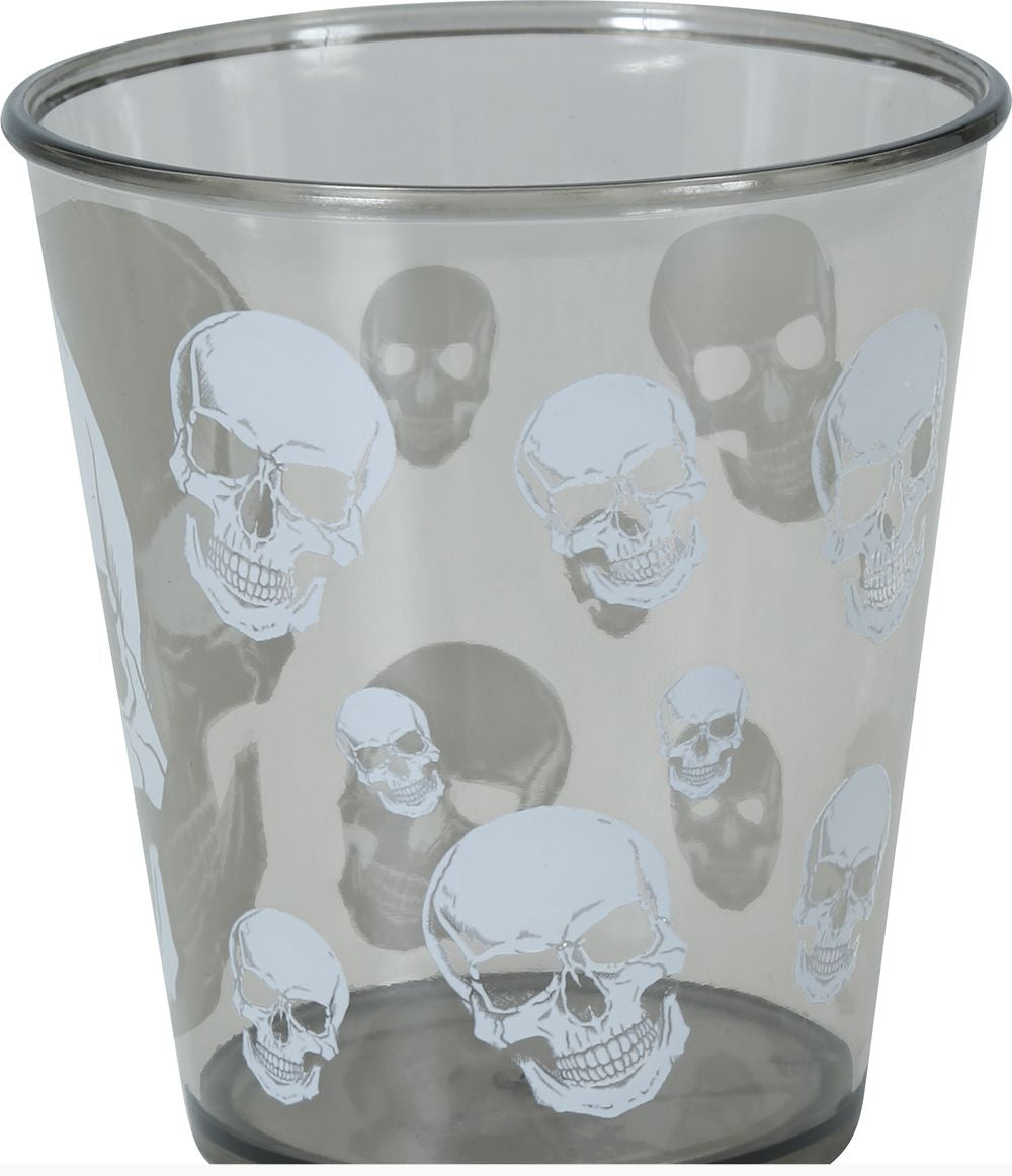 A clear plastic tumbler cup with a repeating pattern of white skulls and dark gray skull silhouettes, shown against a white background with a copyright watermark at the bottom.