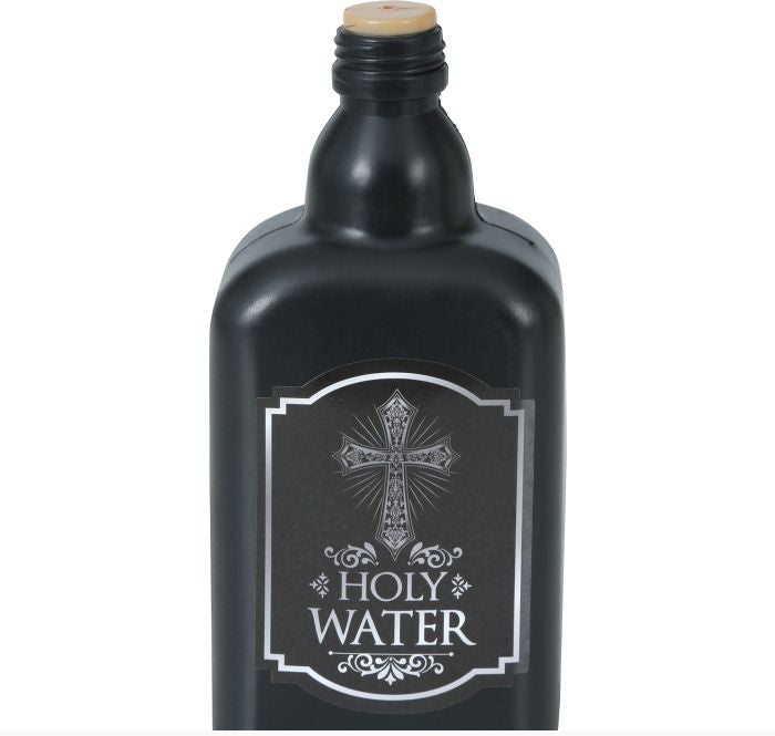 A black bottle-shaped Holy Water container with a cork stopper, featuring a silver label with a cross and the words 'HOLY WATER'.