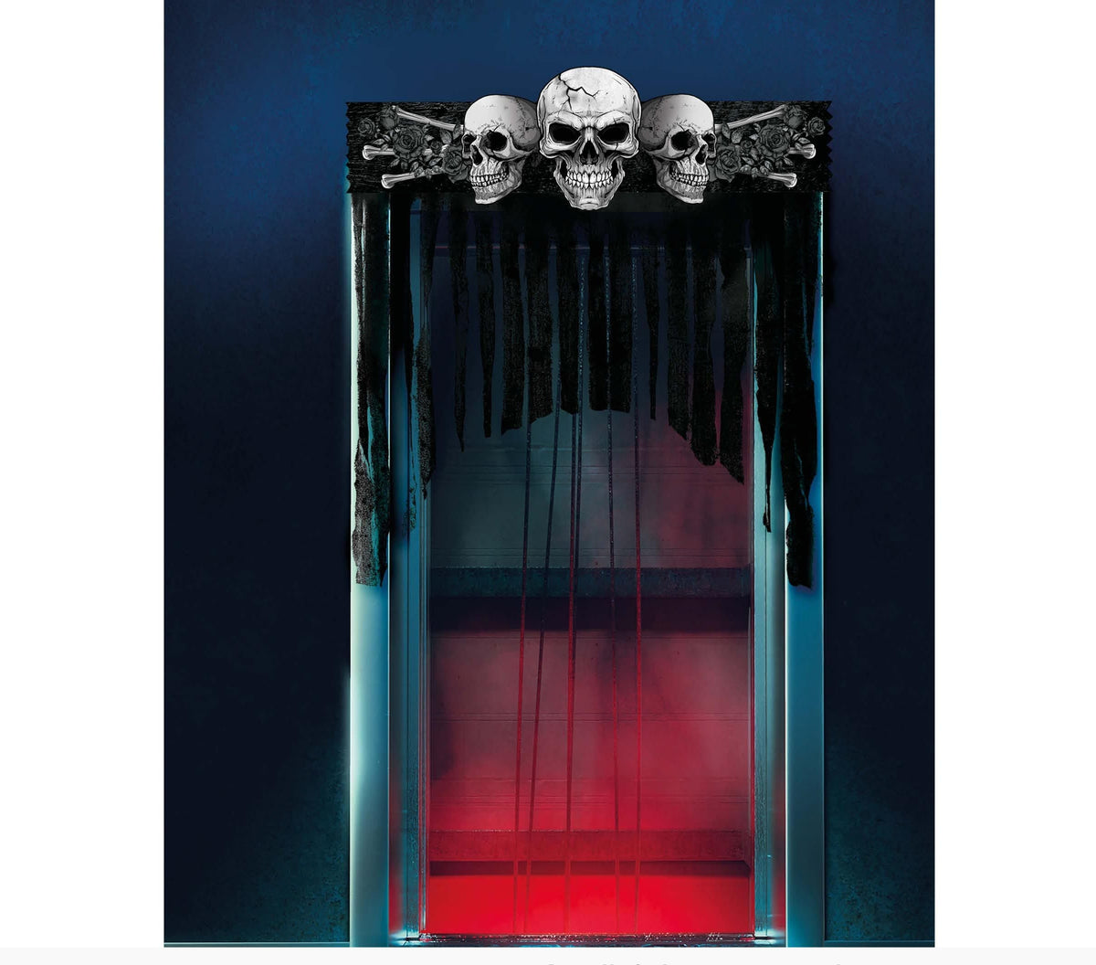 A gothic Halloween curtain decoration featuring three skulls and crossed bones at the top, with black dripping fabric hanging down clear plastic panels illuminated by blue and red lights. The image is branded with 'FIESTAS GUIRCA s.