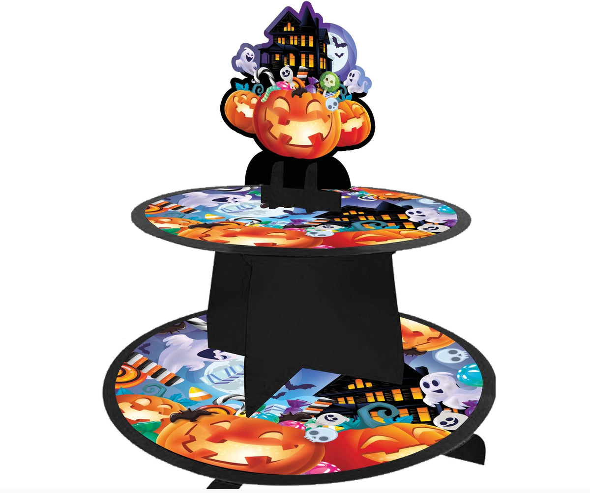 Halloween-themed cupcake stand with pumpkins, ghosts, and haunted houses on a white background.