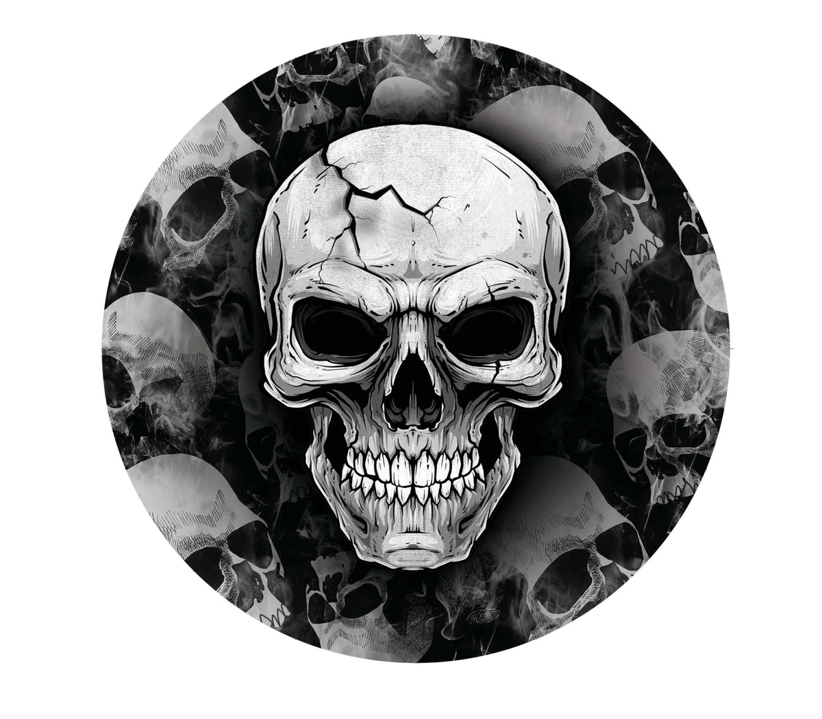 A circular black and white graphic featuring a detailed skull centered over a background of dark skulls and smoke. 