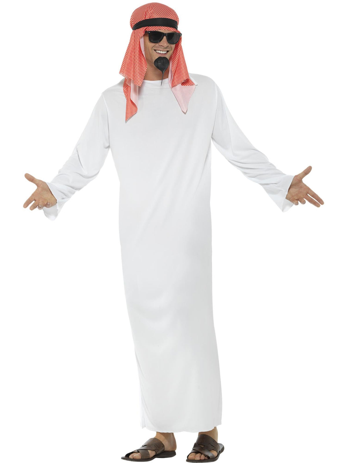 Person wearing a white robe and red headscarf on a white background