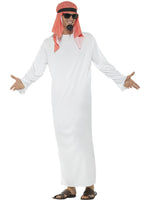 Person wearing a white robe and red headscarf on a white background