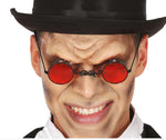 Person wearing a black hat and red sunglasses with a white background