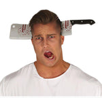 A man wearing a white t-shirt with a novelty bloody cleaver prop strapped to his head, set against a plain white background.