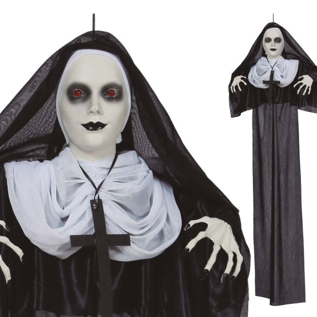 Gothic costume with black hood and white face on a white background
