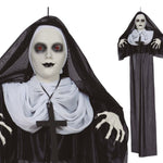 Gothic costume with black hood and white face on a white background