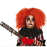 A child dressed as a horror clown with bright orange-red curly hair, black-and-white face makeup, a black ruffled collar, a red-and-white striped shirt, red gloves, and holding a toy baseball bat, photographed on a white background.